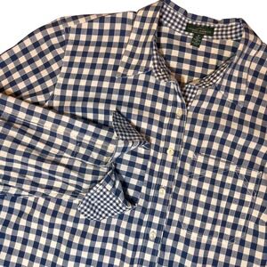 LRL Lauren Jeans Co Womens Navy White Gingham Button‎ Down Collared Shirt 1XL